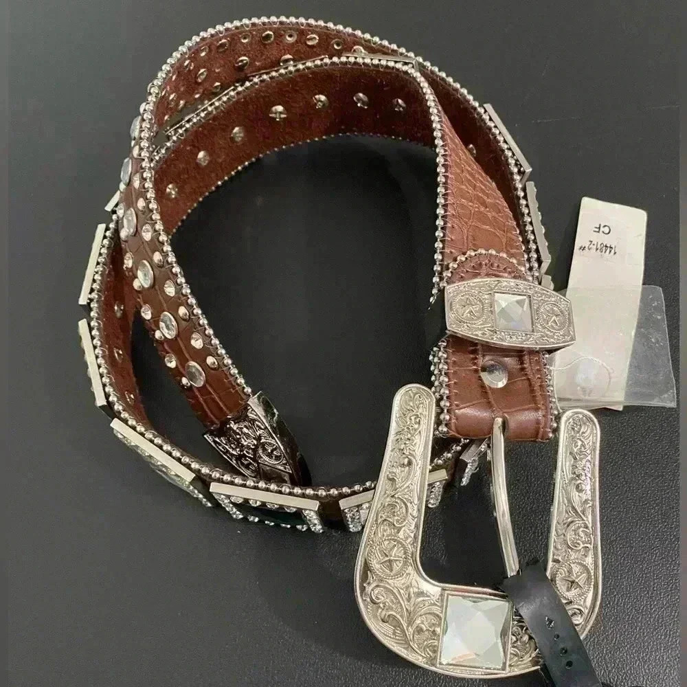 Vintage Western New Leather Studded Rhinestone Belt Women’s Medium Festival Boho - Picture 2 of 10